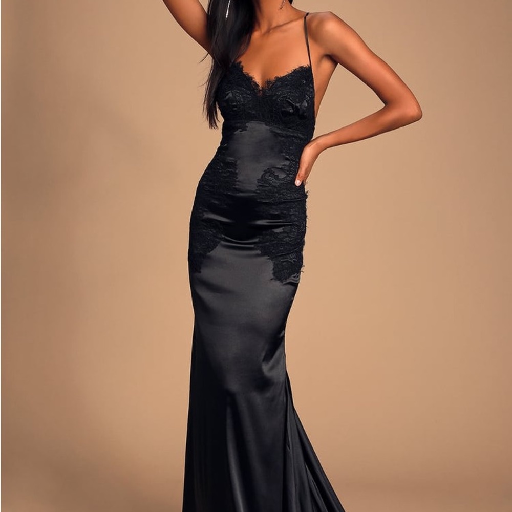 Lulus black fantasy come true satin lace up maxi dress. NWT